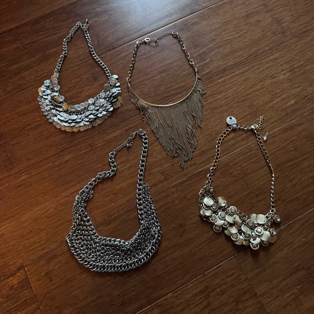 Vintage 4pc SET Mixed Metal Gold Silver Coin Fringe Chain Bib Necklace Y2K Deco